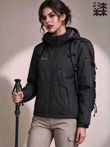 mulinsen Women's Colorblock Fleece Lined Hooded Windproof Jacket, Suitable For Winter Hiking And Camping - Black - View 2