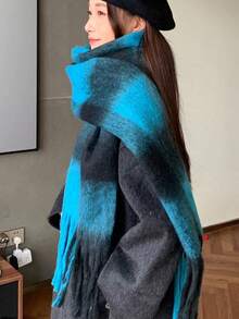 1件女款冬季長圍巾，新格紋雙面羊絨手感披肩，保暖護頸多功能圍巾 - 冰川藍 - 查看 1