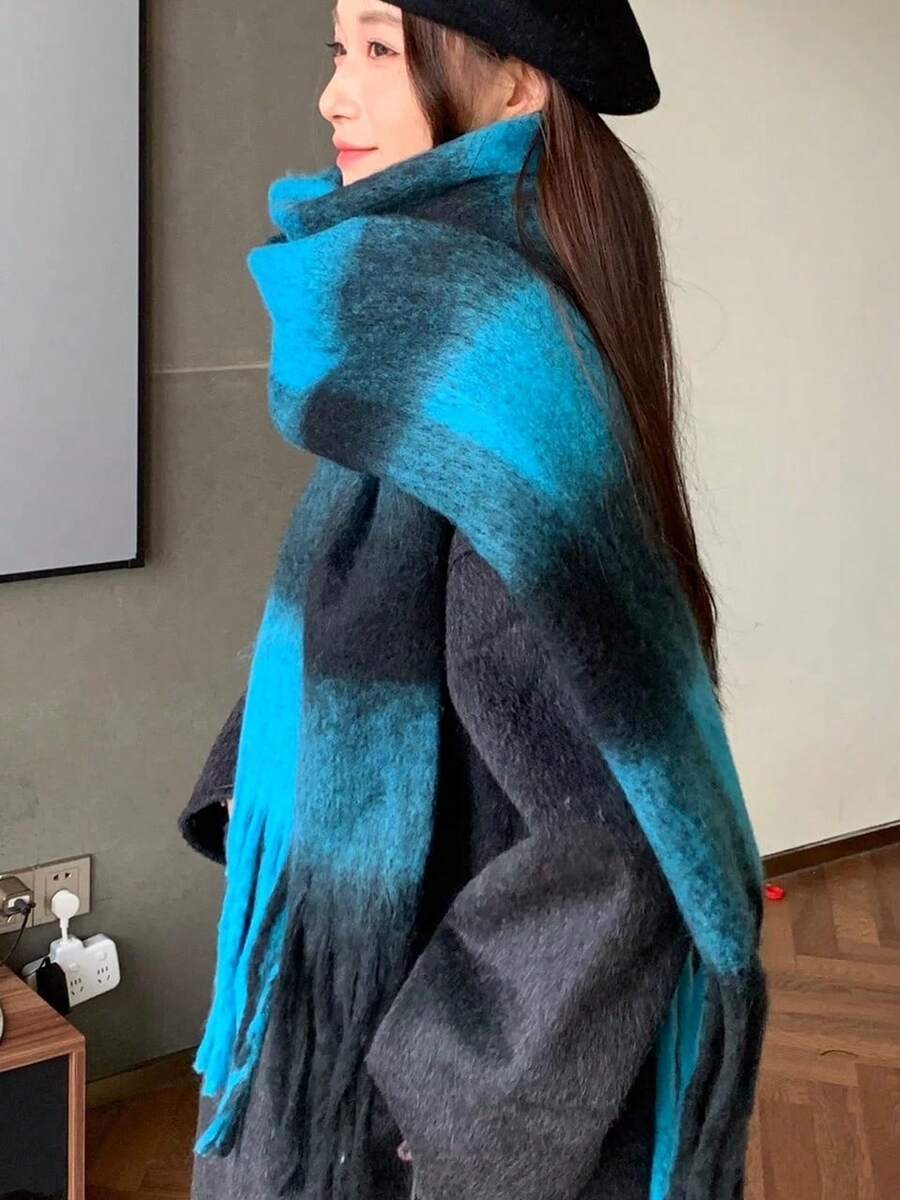 1件女款冬季長圍巾,新格紋雙面羊絨手感披肩,保暖護頸多功能圍巾 - 冰川藍 - 查看 1