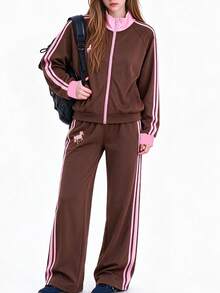Lurzo Teen Girls Maillard Style Zip-Up Cardigan Set, Contrast Color Striped Stand Collar Zip Jacket + Wide Leg Pants, Y2K Retro Sweet, Suitable For Daily Wear - Brown - View 2