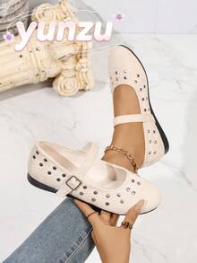New Glitter Rhinestone Round Toe Mary Jane Shoes For Women, Buckle Shallow Vamp Flat Shoes, Versatile Soft Sole Shoes For Dating And Outings - Apricot - View 3