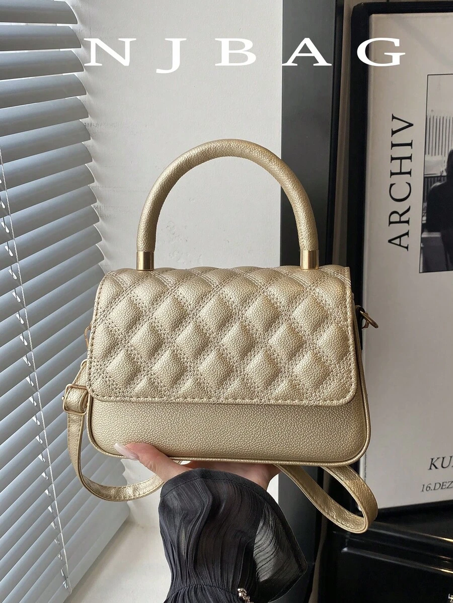 Solid Color Quilted Minimalist Fashion PU Designer Elegant Geometric Pattern Handbag - Gold - View 1