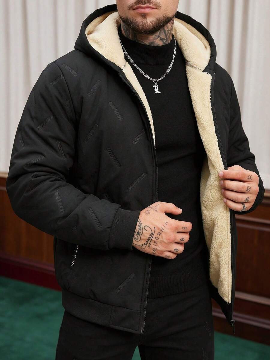 Men's Winter Casual Versatile Thermal Lined Thick Hooded Lamb Wool Lining Padded Coat - Black - View 1
