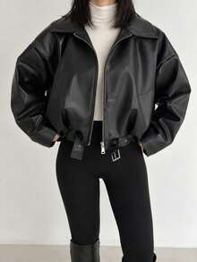 Women's Oversized Belted PU Leather Jacket, Zip Up Drop Shoulder Moto Coat - Black - View 1