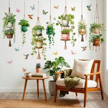 1Set Hanging Potted Plant Hummingbirds Wall Stickers Watercolor Botanical Wildflower Butterflies Wall Decals Living Room Bedroom - Flower - View 5