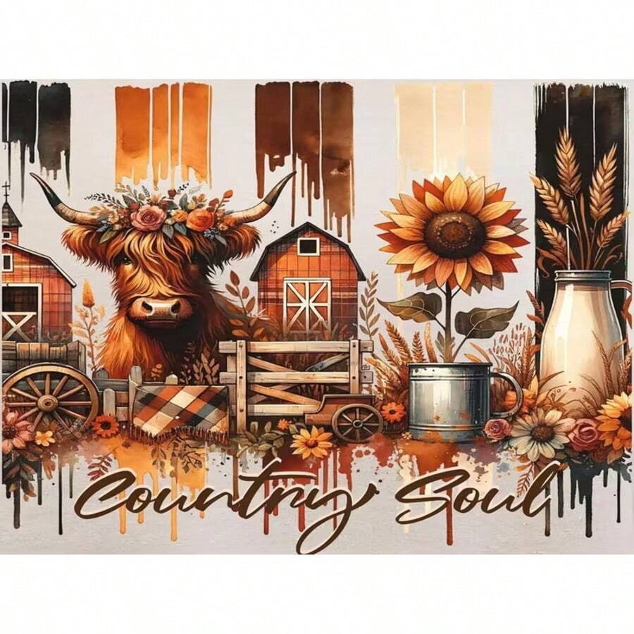 1PC DIY 5D Diamond Painting Kit Highland Cow & Sunflower Pattern - Round Full Diamond Art Mosaic Craft, Home Wall Decor, Frameless - No Frame - View 1