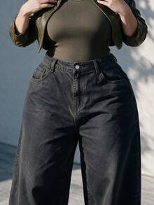 Women's Plus Size High Waist Wide Leg Denim Jeans, Black Casual Jeans - Black - View 7