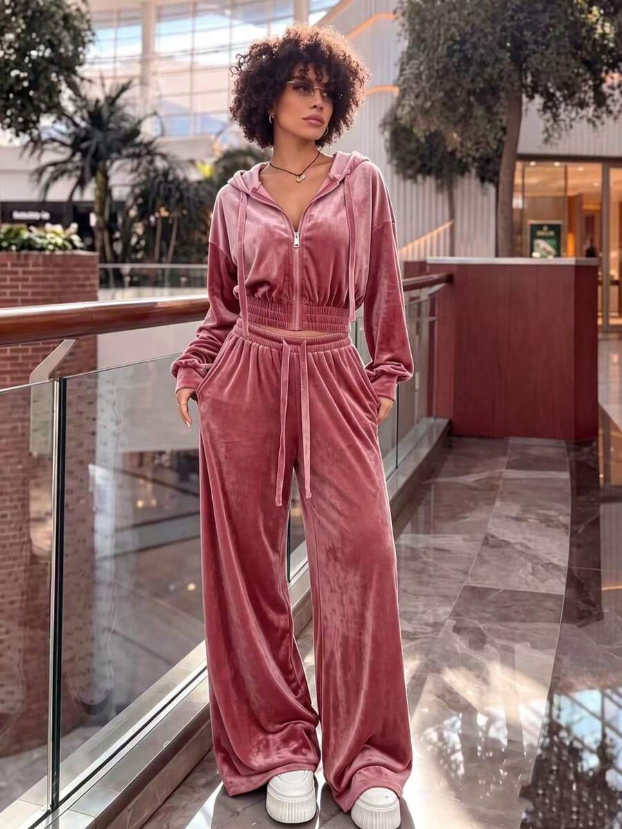 Women's Velvet Hooded Jacket & Flare Pants Set, Pink Knit Sportswear, Full Zip Design, Drawstring Waist, With Pockets, Comfortable Autumn Outfit - Pink - View 1