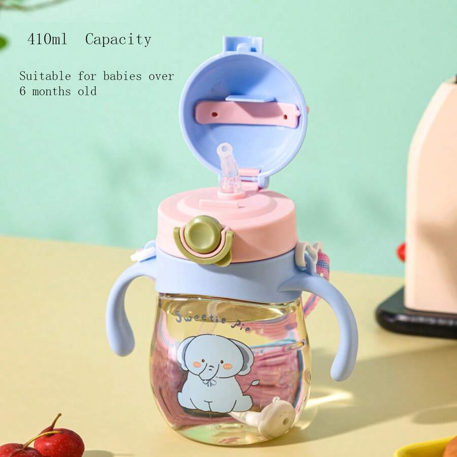1pc Kids Straw Cup For 6 Months+ Baby Learning To Drink, Kindergarten Anti-Scald Anti-Drop Strong Ball Button Switch, Strap Handle, Cartoon Pattern, Unisex, Sealed Leak-Proof - 410ml - View 1