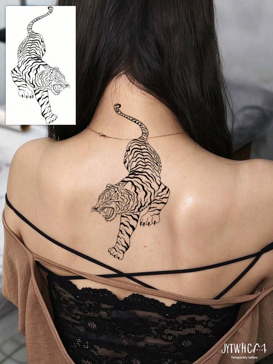 1pc Waterproof & Sweat-Proof Tiger Pattern Temporary Tattoo Sticker - Unisex Daily Versatile Body Art Sticker - Black - View 1