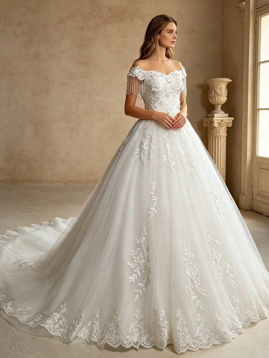Ivory Elegant Off-Shoulder Hand-Beaded Applique Ball Gown Wedding Dress, Bridal Gown Perfect For Wedding Party (Petticoat Not Included) - Beige - View 1