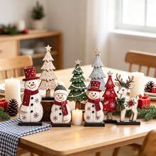 7pcs Wooden Snowman Tree Deer Desktop Decor Set, Sage Green, Rustic Christmas Tiered Display, Home Bedroom Entryway Bookshelf Holiday Party Scene Decoration - Holiday Decoration - View 9
