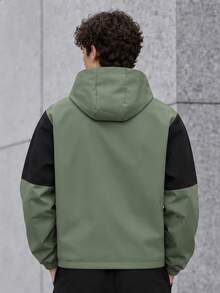 Men's Color-Block Split Hooded Jacket, Plus Size, Suitable For Autumn/Winter Daily Casual Wear And Urban Commuting, Perfect Gift Choice - Army Green - View 2