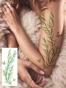 1pc Wholesale Pack Beautiful Vine & Leaf Pattern Temporary Tattoo, Suitable For Women's Arms, Forearms, Thighs, Realistic Looking Waterproof Sweat-Proof Fake Tattoo Stickers For Adults - Green - View 1