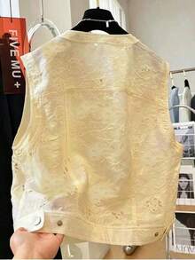 French Jacquard Hollow Out White Vest Women Summer New Loose Round Neck Sleeveless Tank Top - Yellow - View 3