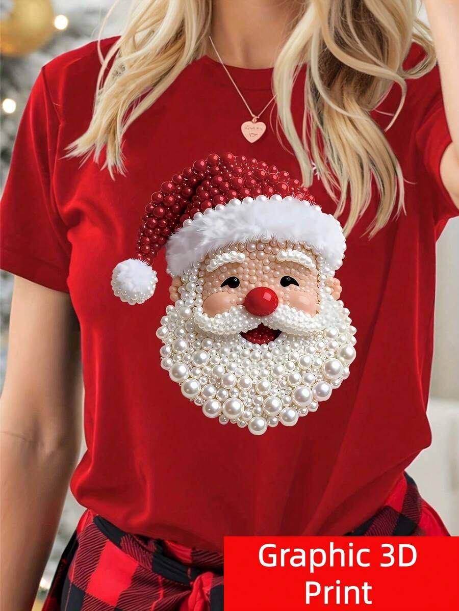 Plus Size Women's Casual Graphic Tee Print Daily Tops Crew Neck Short Sleeves Christmas Santa Print Festival T-Shirts - Red - View 1