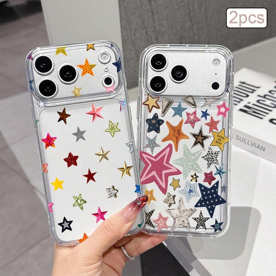 2件裝創意全螢幕星星與波點圖案彩繪眼睛防摔手機殼,適用於 Apple XS/XS Max/XR/11/12/13/14/14 Plus/15/15 Plus/16/16 Plus/17/17 Pro 及其他機型保護殼,拍攝時光線可能導致輕微色差 - 彩色 - 查看 1