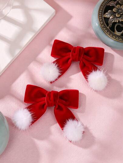 2pcs Bow Hair Clips With Sweet White Pom Pom Decoration, Vintage Christmas Style Side Clips. Exquisite 3D Bows, Textured Velvet Fabric, Fluffy Pom Poms. Suitable For Girls' Holiday Outfits, New Year Photos, Dress Matching, Easy To Wear, Secure Fit, Atmospheric New Year Hair Accessories, Versatile Princess Style.