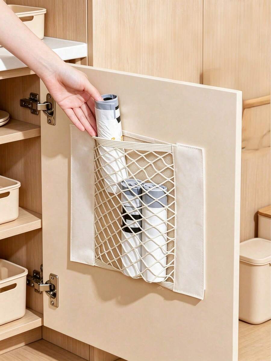 1pc Adhesive Storage Bag, Trash Bag, Plastic Mesh Bag, Large Capacity Wall-Mounted Storage Bag, Adhesive Wall Cabinet Inner Mesh Bag, Hook-And-Loop Car Trunk Mesh Bag, Suitable For Reusable Bag, Trash Bag Storage And Organization, Room Decoration, Storage, Home Decor, Home, Room - Multicolor - View 1