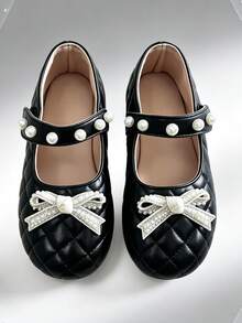 Girls Black PU Mary Jane Shoes With Pearl Buckle, Hook And Loop, Pearl Rhinestone Bow, Flat Soft Sole, Round Toe, All Season Princess Shoes - Black - View 6