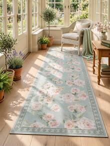 Pinkie Home - 1pc Vintage Floral Print Living Room Rug Area Rug/Carpet/Bath Mat, Suitable For Bathroom, Kitchen, Entryway, Hallway, Bedside, Living Room, Bedroom, Machine Washable Rug, Home Decor - Dusty Blue - View 2
