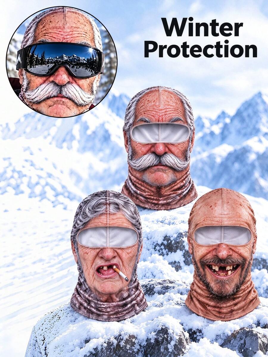1pc Elderly Ski Mask, Fun Face Shape Mask, Winter Facial Protection Mask, With Neck Coverage Function, Suitable For Outdoor Parties And Gift Purposes. - Multicolor - View 1