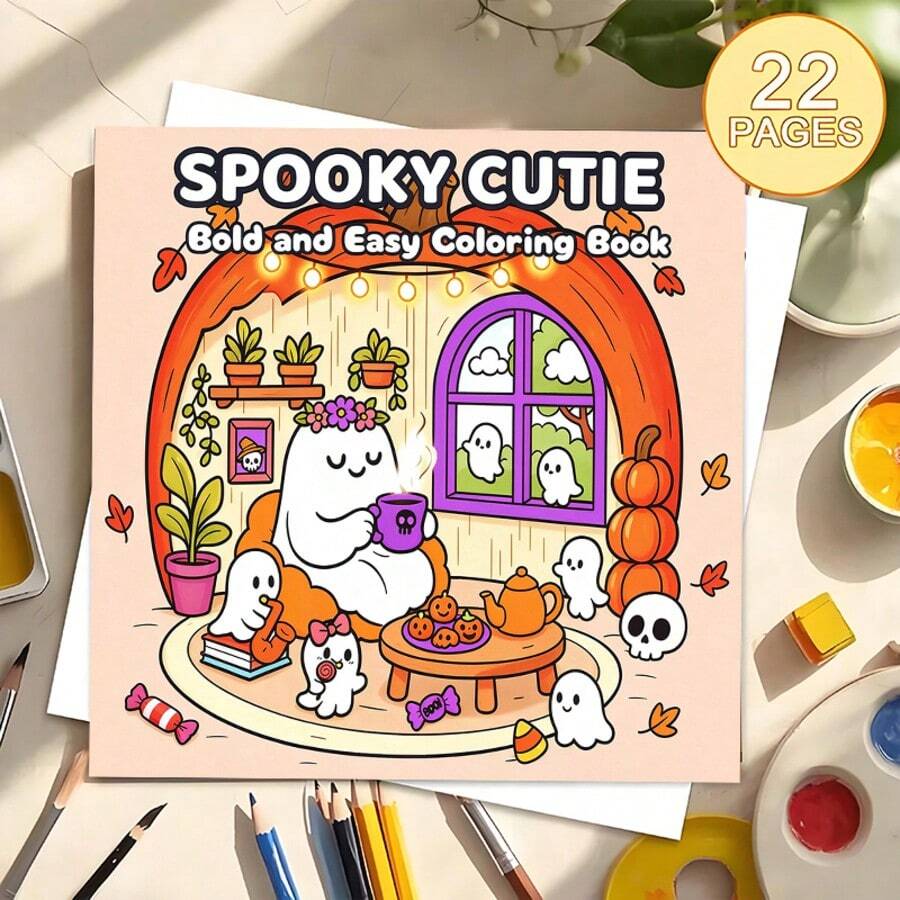 Cute Spooky Halloween Coloring Book, Spooky Cutie Bold And Easy Ghost Pumpkin House Autumn Fall Cozy Coloring Pages, Stress Relief Activity Book, Art Craft DIY Gift For Adults Teens - Single Piece - View 1