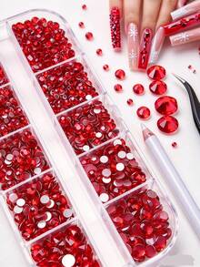 Set Rhinestone Kuku 12 Kotak Natal & Alat, Rhinestone Merah Natal Mengkilap Berbagai Ukuran dengan Pinset & Pena Pengambil, Perlengkapan Dekorasi Riasan Manikur DIY Rumahan - Merah - View 2