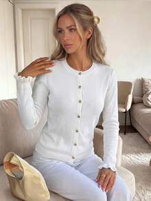 Women's Fall Winter Going Out Outfits Cardigang White Vintage Y2K Metal Buckle Ruffled White Soft And Sticky Knitted Sweater - White - View 6