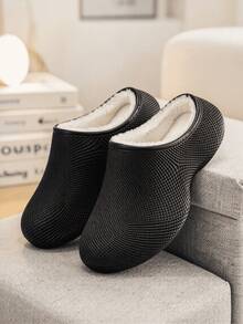 Men's Sports Slippers Winter New Style Fleece Lining Thick Sole Home Walking Closed Toe EVA One-Piece Upper 3D Textured Daily Wear Versatile Round Toe Slippers - Black - View 1