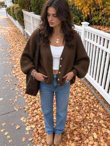 FOR BEAUTY Autumn/Winter Women's Baby Brown Y2K Casual Lantern Sleeve V-Neck Front Button Knit Sweater, Suitable For Outings, Parties And Vacations - Brown Coffee - View 8