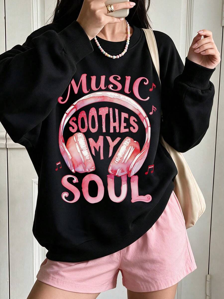 Women's Plus Size Sweatshirt, Casual Long Sleeve Crew Neck Top, Pink Headphones - Soul Music Print Pattern, Casual Personalized Style, Versatile And Elegant, Soft Breathable Comfortable Fabric, Suitable For Autumn And Winter Wear - Black - View 1