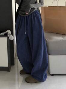 Women's Autumn/Winter Fashion Loose Fit Versatile Corduroy Drawstring Waist Casual Long Pants - Navy Blue - View 3