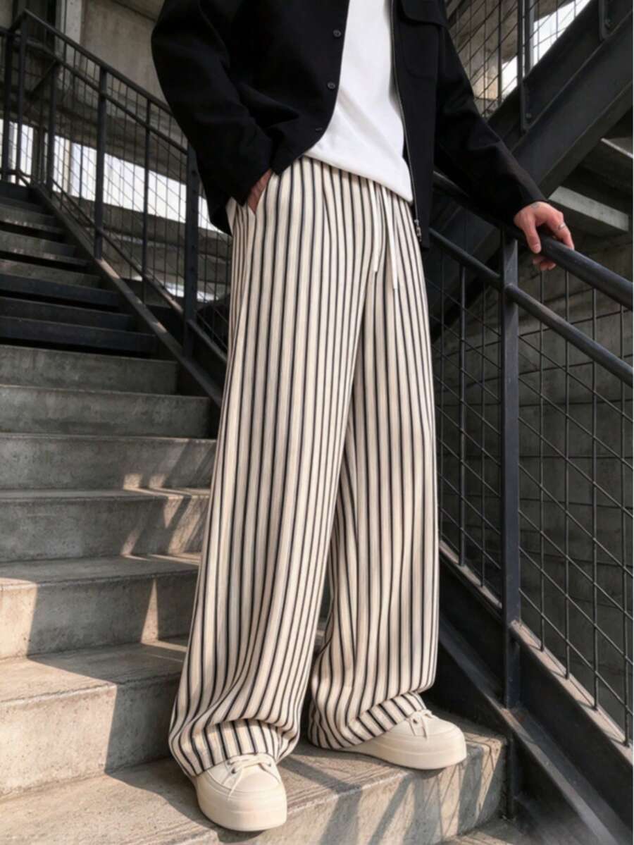 Men's Japanese Style Apricot Vertical Striped Wide Leg Pants, Drawstring Drape Straight Leg Casual Long Pants - Apricot - View 1