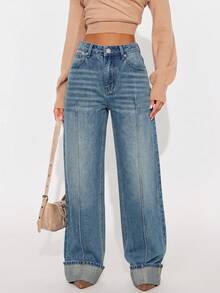 Vintage Washed Women's Wide Leg Jeans With Front Seam Detail And Rolled Hem, Autumn New Arrival - Blue - View 3