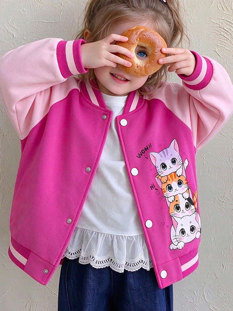 Lurzo Little Girl Fun Heart Cat Pattern Cartoon Print Jacket, Button Front Design, Comfortable Fabric, Children's Casual Outdoor Everyday Jacket - Hot Pink - View 1