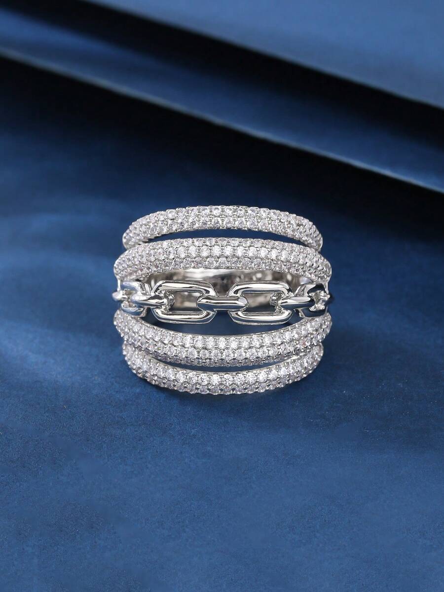1 chiếc nhẫn cỡ lớn bằng đồng, đính zirconia thủ công, phong cách thời trang phù hợp cho phụ nữ đeo hàng ngày và dịp lễ, làm quà tặng - Bạc - Xem 1