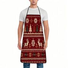 1pc Nordic Christmas Kitchen Apron, Burgundy Background With Faux Knitted Pattern, Reindeer, Christmas Trees And Snowflakes, Adjustable Neck Strap Cooking Apron For Christmas Baking & Holiday Dinner - Multicolor - View 2