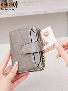 MIYIN Fashion Retro Small Compact Women Wallet RFID Blocking PU Bifold Purse With Zipper Coin Pocket Detachable ID Window,Multifunctional Daily Short Wallet - Grey - View 4