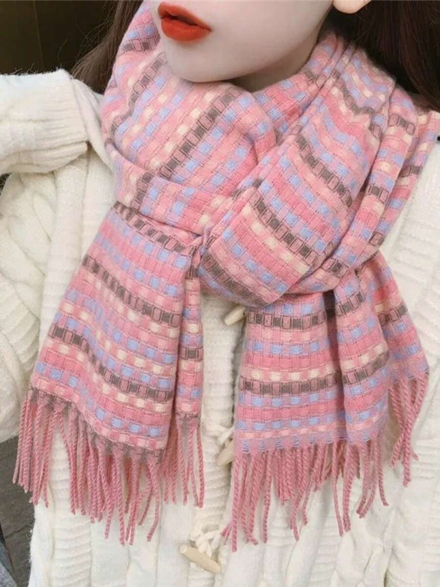 1pc Women's Long Scarf, Winter Versatile New Plaid Double-Sided Cashmere-Feel Shawl, Warm Neck Warmer - Pink - View 1
