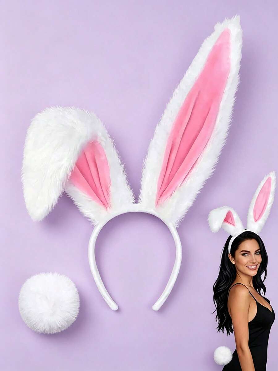 2pcs Rabbit Tail Headband Set, 3D Stage Prop Headpiece For Easter Costume Performance, Multi-Functional Holiday Styling Accessory, Suitable For Women, Halloween Party Ear Accessory - Multicolor - View 1