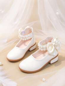 Girls' White Princess Dress Shoes With Pearl Bow, Double Strap Pearl Hook And Loop Design, High Heel Shoes For Stage, Banquet, Performance, Wedding Flower Girl - White - View 2