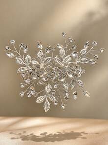 1pc White Flower Leaf Rhinestone Handmade Hair Clip, Women's Back Head Bun Hair Accessory, Bridal Wedding Party Elegant High-End Headpiece - Multicolor - View 3