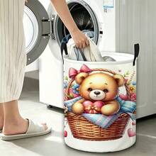 1pc Cute Teddy Bear Print Foldable Laundry Basket, Round Fabric Storage Bin With Handles, Clothes Organizer - Multicolor - View 4
