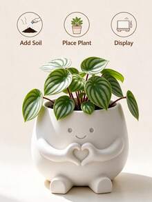 1pc Cute Heart-Shaped Hand Planter, Matte Ceramic Small Plant Pot, Indoor Desktop Succulent Planter, Decorative Home Office Desk Greenery Pot, With Cute Sitting Character Design, Suitable For Daily Room Decor, Mother's Day, Teacher's Day - One Size Fits All - View 6