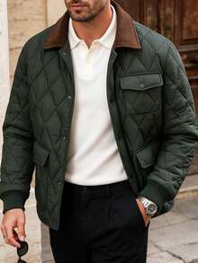 Men's Autumn/Winter Fashion Long Sleeve Contrast Color Padded Coat, Suitable For Daily Commute And Vacation - Green - View 4