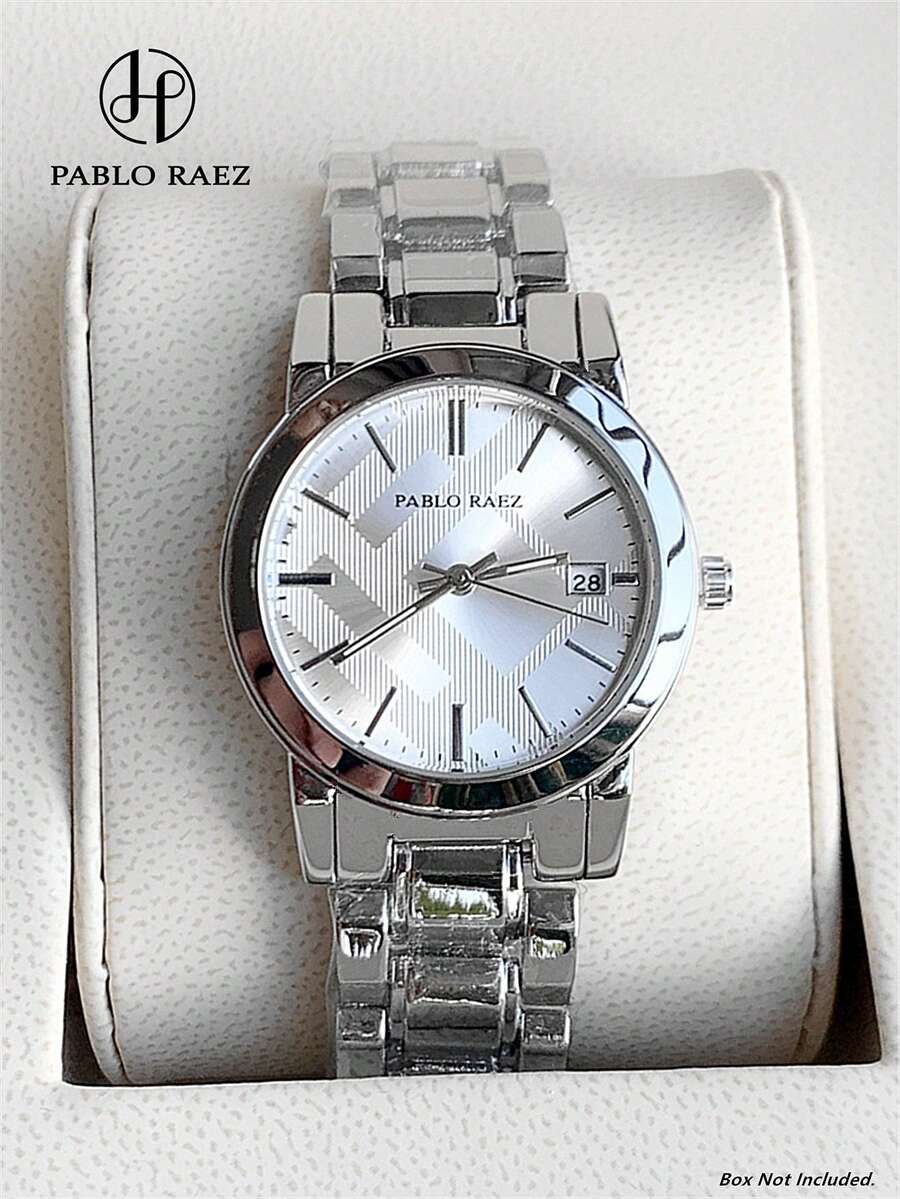 Pablo Raez 1件裝銀色奢華女款手錶，18K金珠寶奢華正裝錶，金色多彩錶盤，不鏽鋼手鍊鏈條，頂級新款優雅高端時尚格紋設計石英錶，白色錶盤，日期、螢光、日曆，高品質AAA熱門手錶，金色50M防水鋼金屬重手鍊珠寶扣，休閒青少年可愛手錶，好老師禮物，適合日常生活/工作/派對裝飾，生日、畢業禮物、婚禮