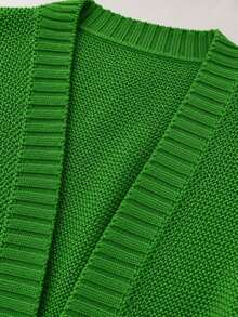 Plus Size Women's Green Cardigan, Long Sleeve Knit Fabric, Dropped Shoulder Design, Regular Length, Fashion Ribbed Knit - Green - View 6