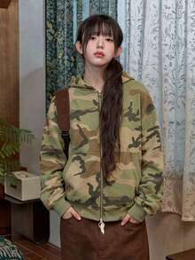 2025 New Autumn/Winter Vintage Camouflage Zip-Up Hooded Sweatshirt For Women - Green - View 1
