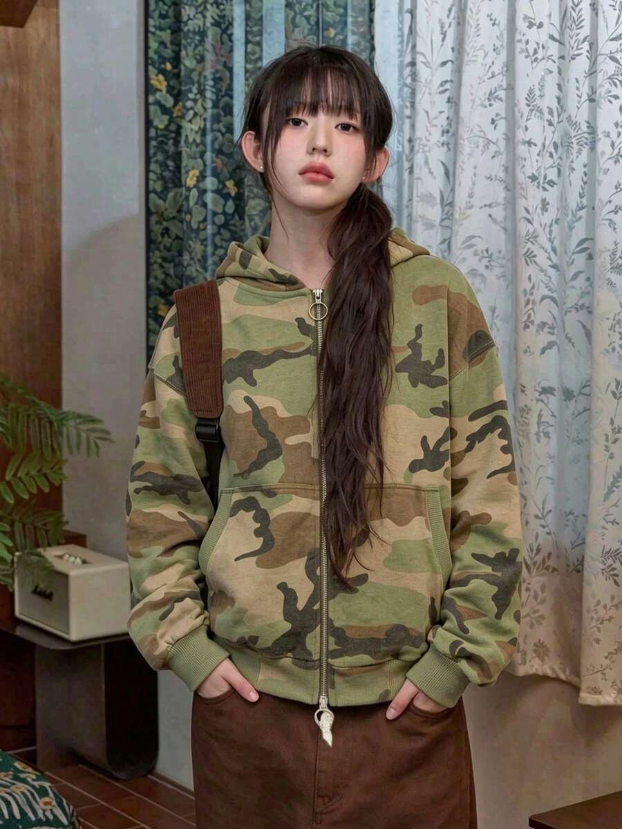 2025 New Autumn/Winter Vintage Camouflage Zip-Up Hooded Sweatshirt For Women - Green - View 1